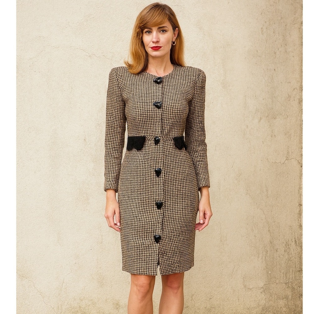 Vintage 80s Cynthia Howie Petites Houndstooth Dress 4 USA Velvet Trim Power Look